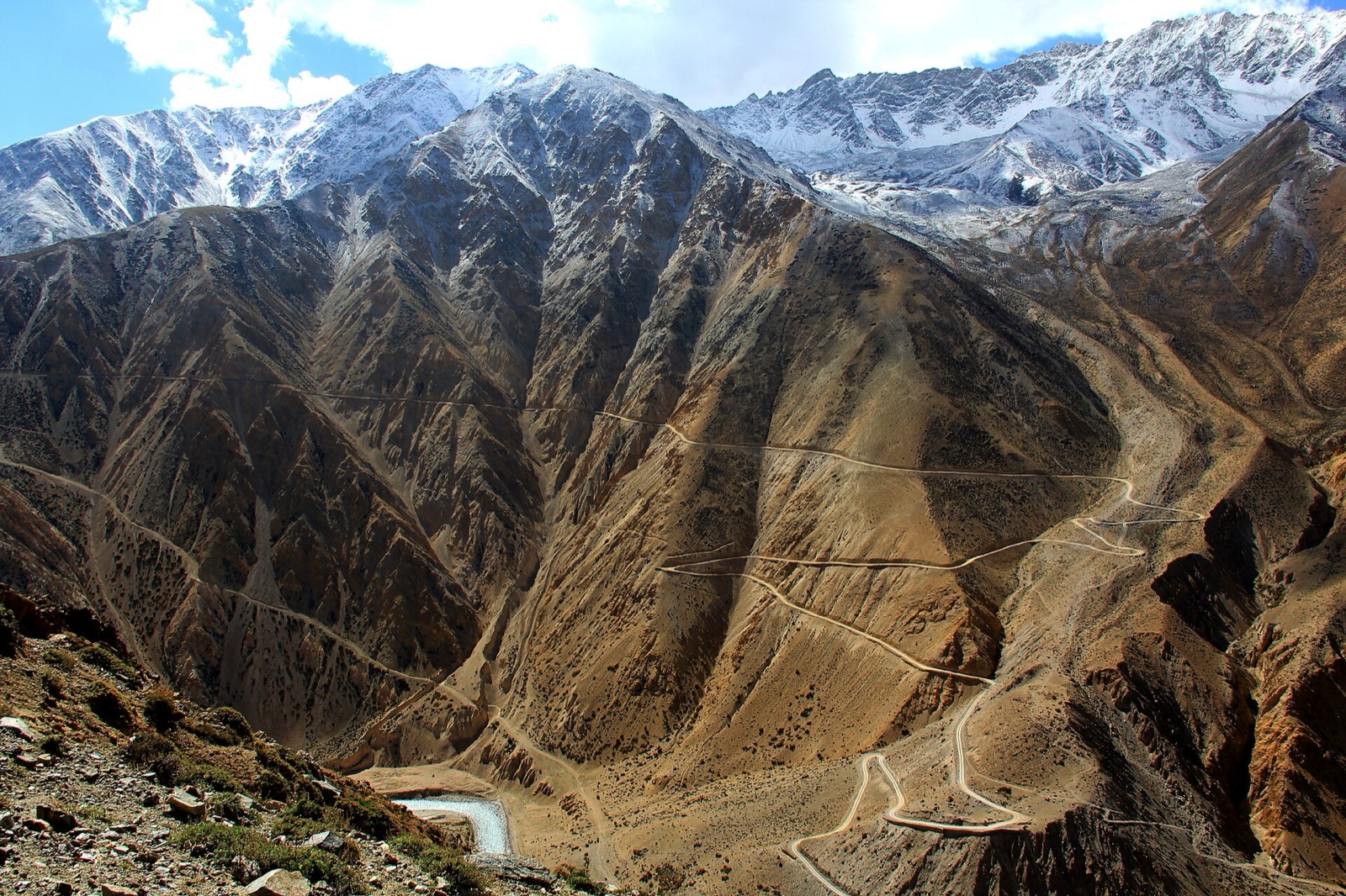 A gravel road descending from Nara La toward the Karnali river at Hilsa, on the Humla side of the Tibet border