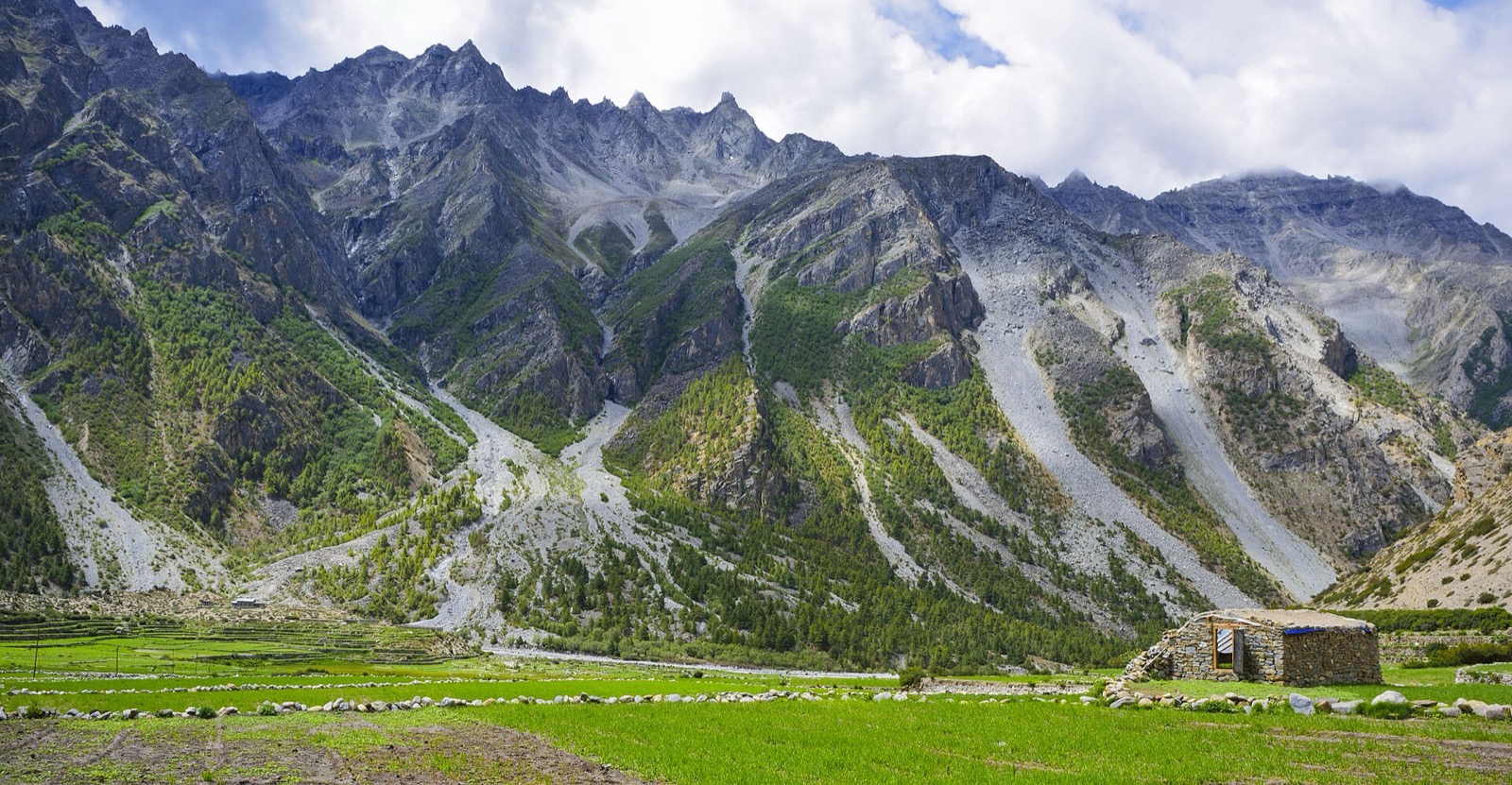 Natural landscape of the Limi Valley in Humla, with steep scree slopes and open terrain